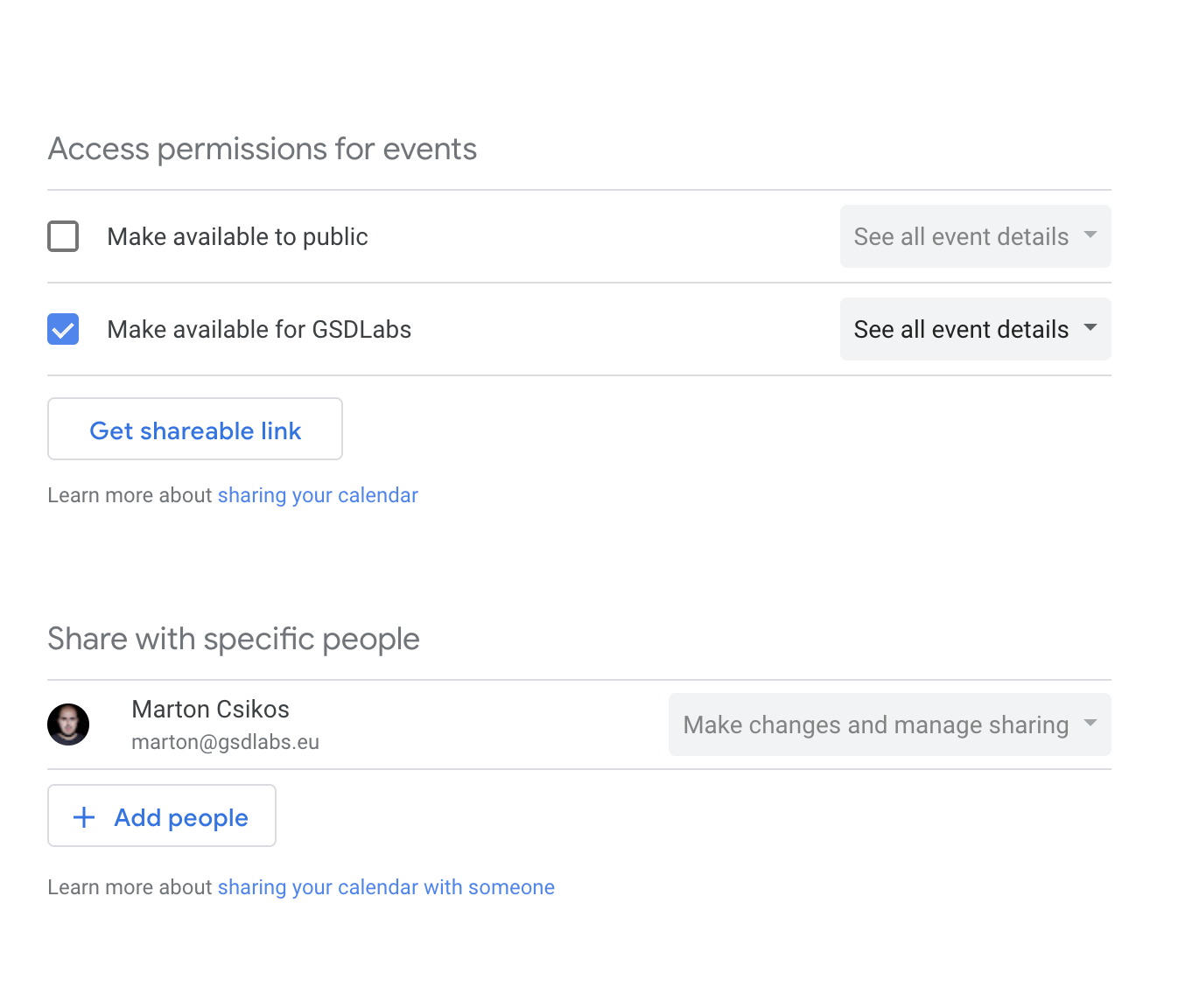Configuring sharing settings in google calendar